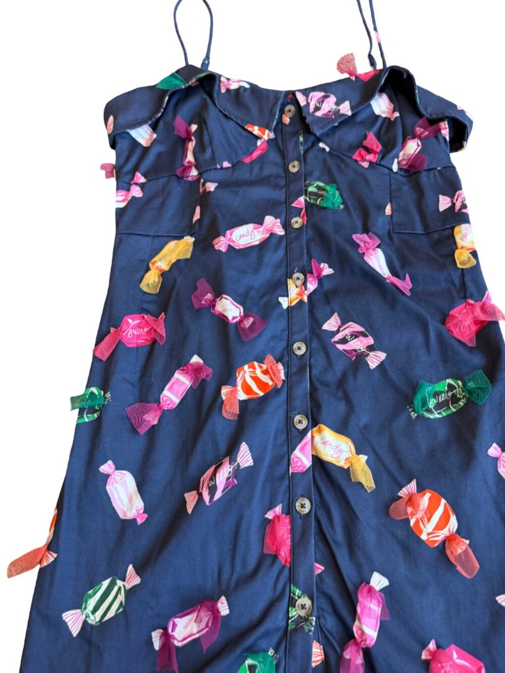 Maeve Navy Candy Print Ruffle Button Front Dress Stretchy Size 8 Women's - Picture 2 of 13